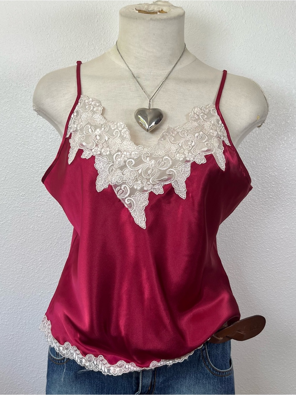 Lace-Trim Satin Cami Tank Top - Magenta